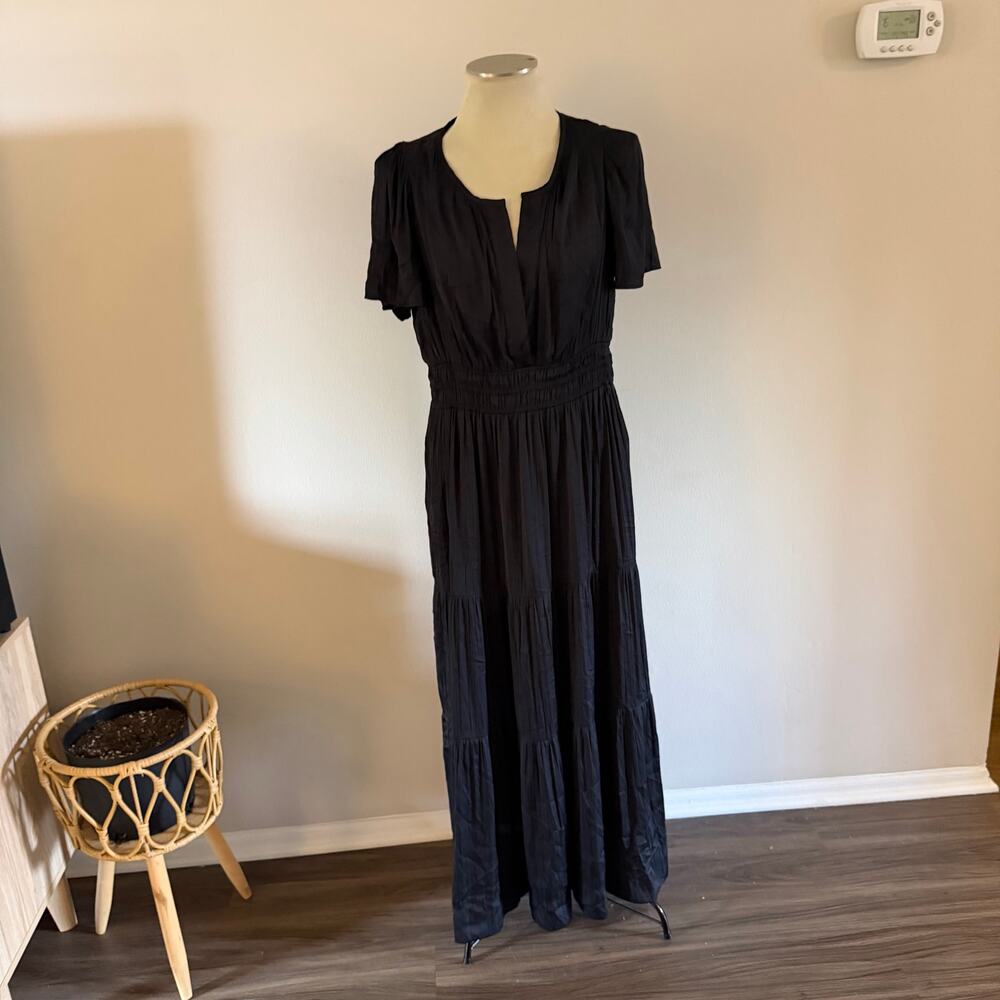 Anthropologie Somerset Black Satin Maxi Dress L Tiered Boho - Picture 2 of 7